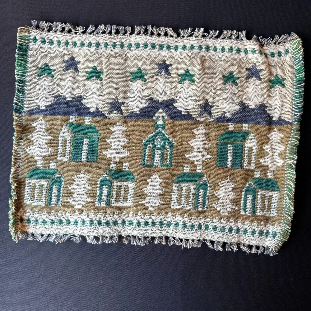 Vtg Set 4 Christmas Cabin Village Placemats Handwoven Cotton Rustic Lodge Decor‎